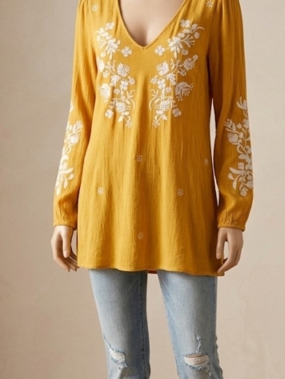 Umgee Mustard Yellow Embroidered V-Neck Tunic